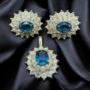 Vtg Signed Roman Pendant Earring Set Gold Tone Faux Blue Sapphire Rhinestones
